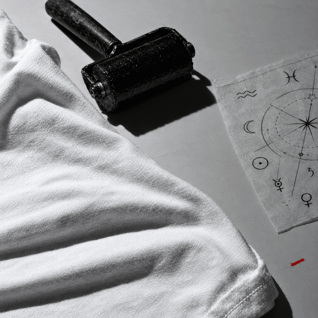 Macro view of white cotton jersey beside a screen-print roller and tracing paper with astrological linework